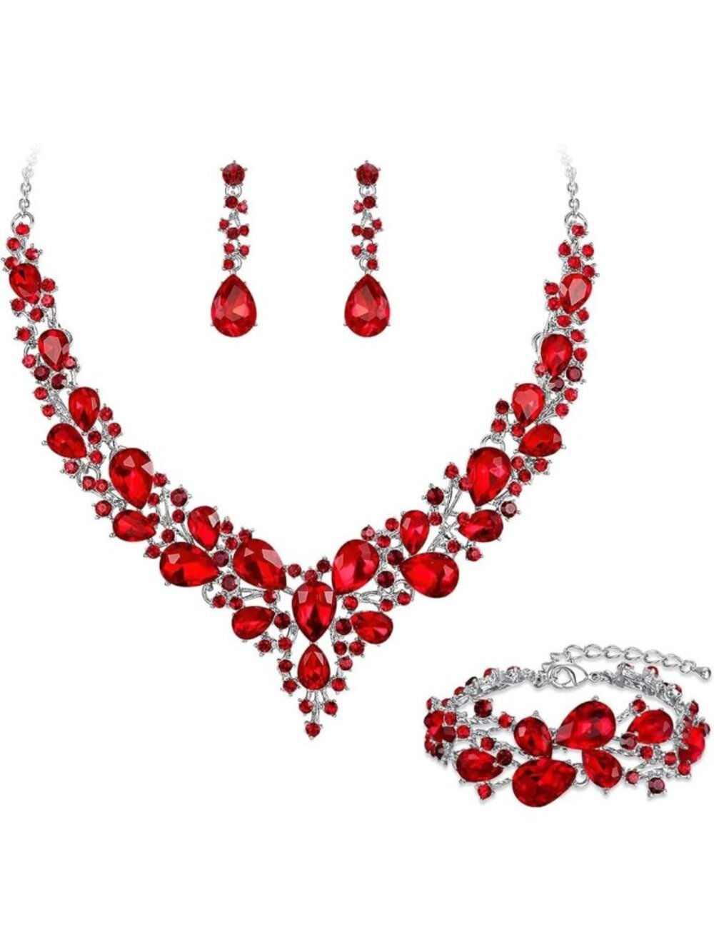 Floral Crystal Bridal Jewelry Set - Statement Necklace, Earrings & Bracelet